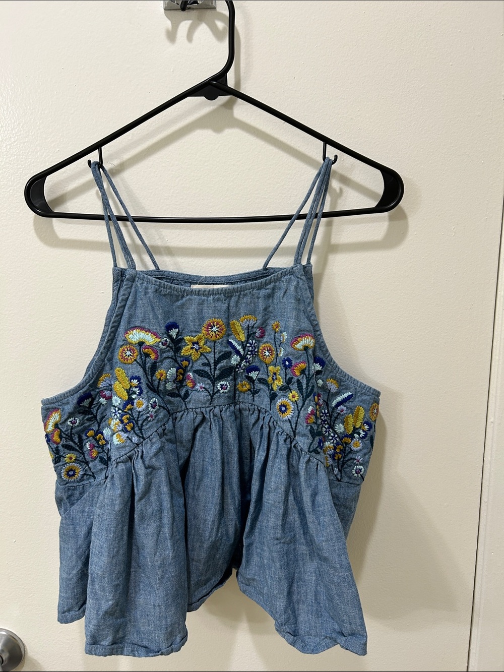 NATURAL LIFE Blue Chambray Embroidered Double-Spaghetti Strap Tank